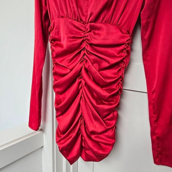 Pinko Zanzibar Satin Ruched Long Sleeve Party Cocktail Mini Dress in Red - Picture 10 of 14